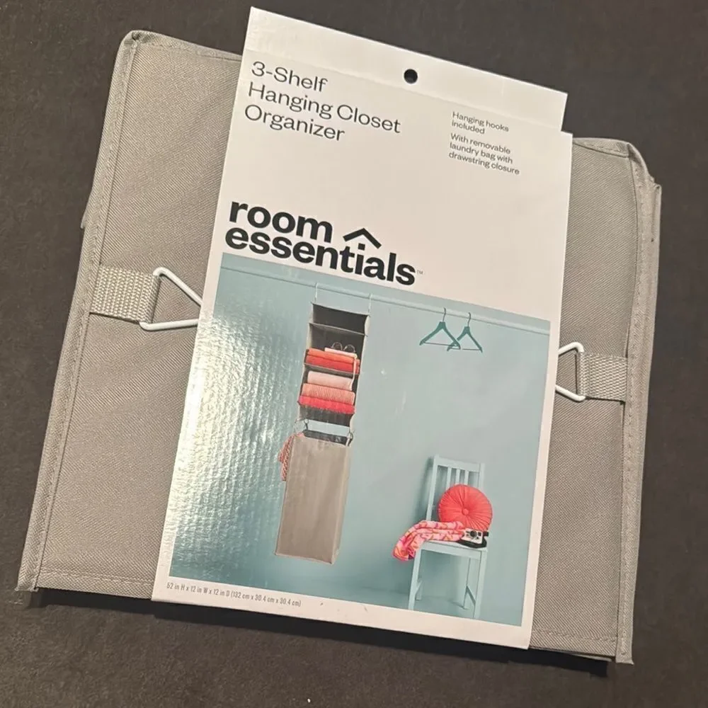 Room Essentials Gray 3-Shelf Hanging Closet Organizer Removable Laundry Bag NEW